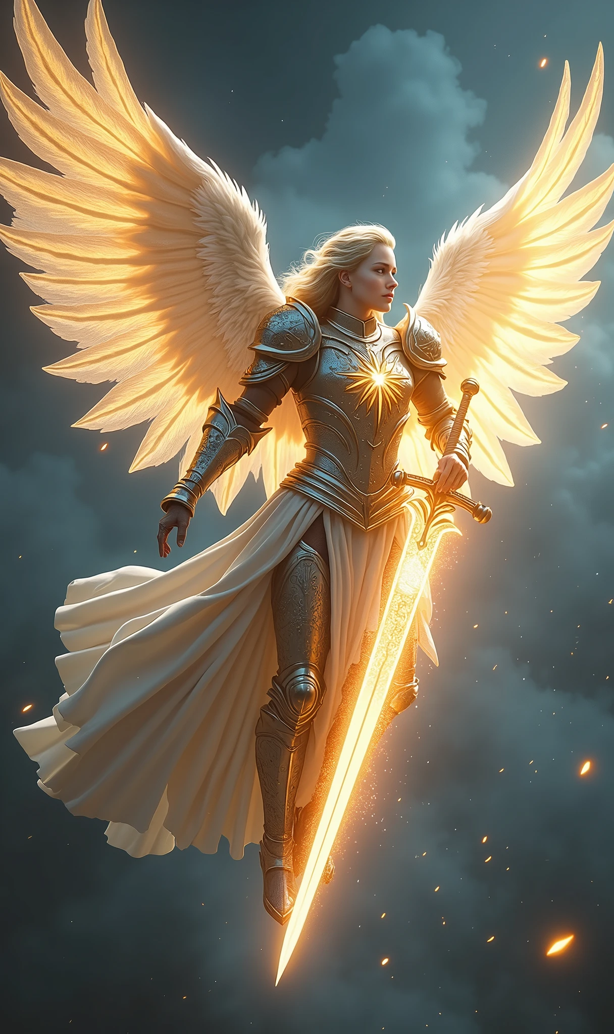Create an intricate and powerful image for the "Knight of Lights" card in the Lumen Angelis deck, inspired by the Knight of Swords from the Rider-Waite tarot, but transformed into a celestial warrior of light. This image should capture the essence of swift action, decisiveness, and unstoppable energy, all while maintaining a divine, angelic presence that aligns with the overall theme of the deck. At the center of the scene is a commanding angelic figure, the Knight of Lights, depicted in mid-flight. The knight's body is poised in a dynamic, forward-leaning stance, exuding a sense of urgency and determination. His wings are expansive and magnificent, made of pure, radiant light, with feathers that shimmer and pulse as they cut through the air. The wings are slightly blurred at the tips, conveying a sense of rapid movement, as if the knight is charging ahead at great speed. The Knight’s armor is a breathtaking blend of celestial design and practicality, crafted from a material that appears to be forged from the very essence of starlight. The armor glows with a bright, metallic sheen, with intricate patterns of constellations and cosmic symbols etched into its surface. The breastplate features a prominent emblem of a blazing star, symbolizing the knight's role as a beacon of clarity and truth. Each piece of armor fits the knight perfectly, allowing for both protection and agility, and is accentuated by a flowing cape of light that trails behind him, adding to the sense of speed and motion. In the knight’s right hand, he wields a long, gleaming sword of pure light, much like the one held by the Page of Lights, but larger and more formidable. The blade is sharp and straight, glowing with an intense, white-hot light that radiates power and authority. The sword’s hilt is adorned with celestial engravings, and it pulses with a rhythmic energy that syncs with the knight's heartbeat, symbolizing the deep connection between the warrior and his divine mission. The knight's