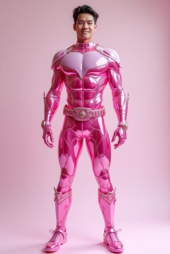 full full body photorealistic handsome hunky fractal masculine Teen titans  floramancer.. wearing pink quartz transparent crystal chrome glass super suit , with belt and gloves..look at camera, detailed face parts,, studio as background, Freestyle Pose, Happy Expression, perfect anatomy, symmetric body,, 20 years old,  :: high detail, a lean athletic body, realistic, human skin, extremely detailed fingers,