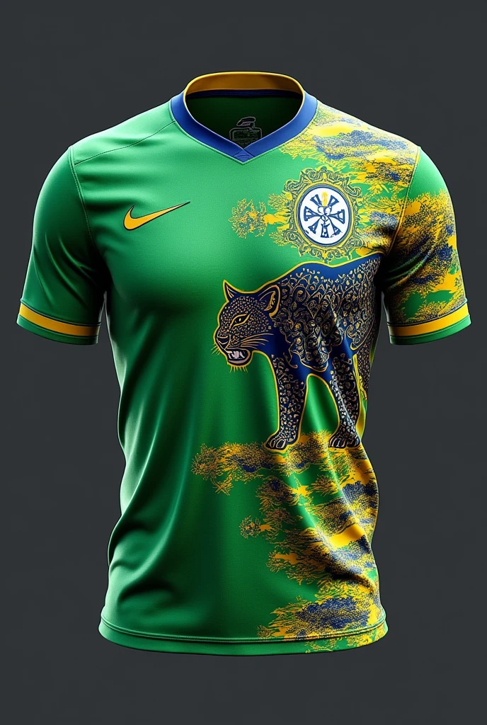 Football shirt in green colors,blue and yellow Details:Tupi Guarani indigenous paintings all over the blouse in gray Graphic jaguar in black and gold Number 62 on the upper right side and a golden tree on the upper left side