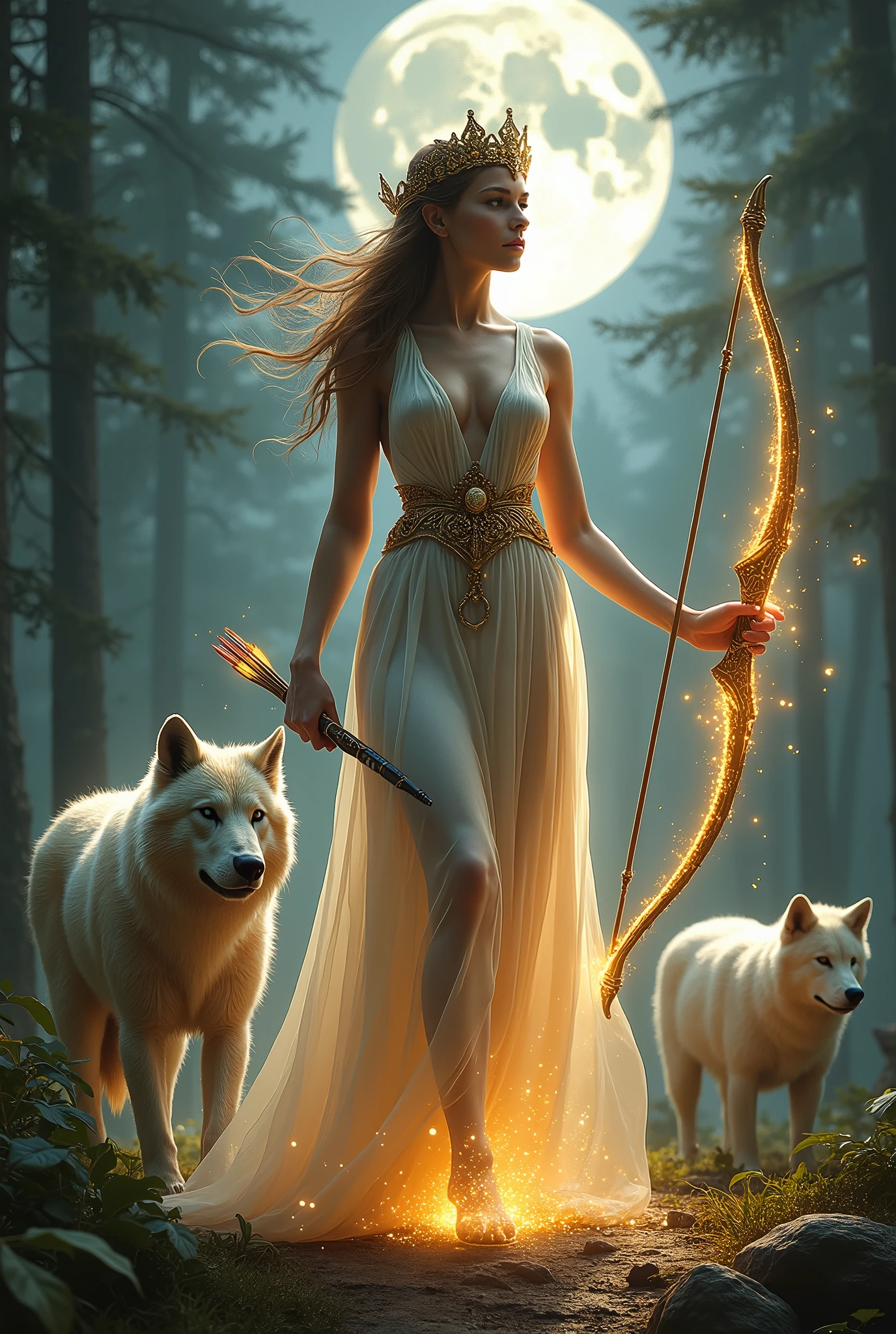 greek goddess artemis, with a bow and arrow, holding glowing arrows, holding her mystical glowing bow, elegant white golden dress, cleavage, thigh, sexy, hunting, forest, full moon, moonlit, multiple guardian wolfs and bears around her
