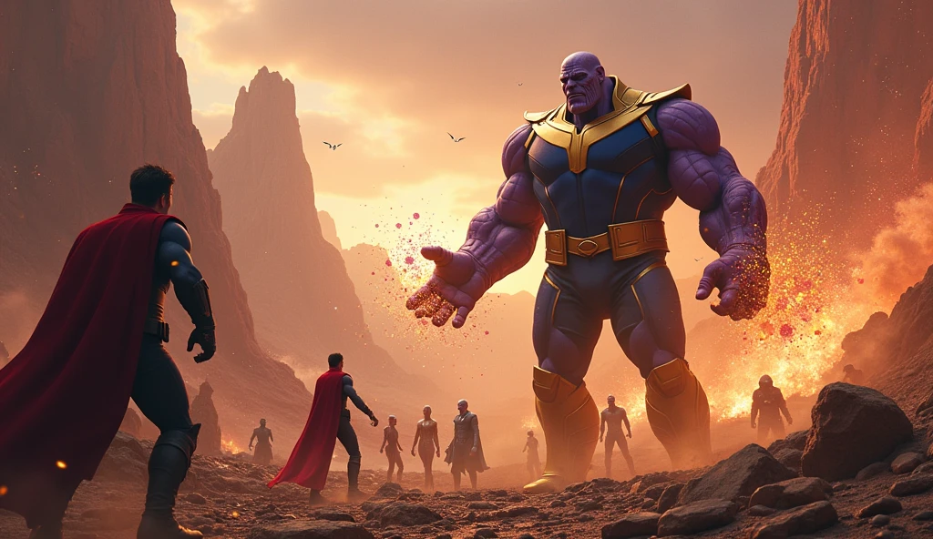 Scene 16: Battle on Titan
Thanos arrives on Titan, where he faces off against a group of heroes. Despite their efforts, he overpowers them.