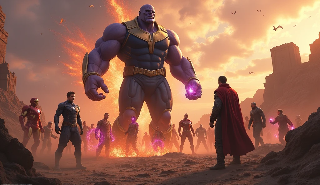 Scene 16: Battle on Titan
Thanos arrives on Titan, where he faces off against a group of heroes. Despite their efforts, he overpowers them.