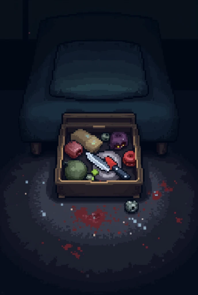 Spawns a box under a dark bed, In that box there are several things but what stands out the most of those things is a kitchen knife, All this with a video game-like pixelated style similar to the visual style of Undertale.