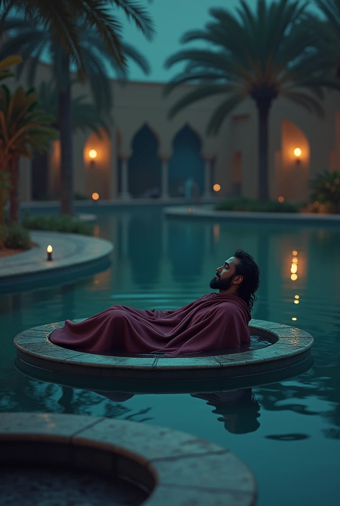 Apparently Arab man with simple wine-colored cape , very thin beard, he relaxes by taking a bath in a round fountain at night