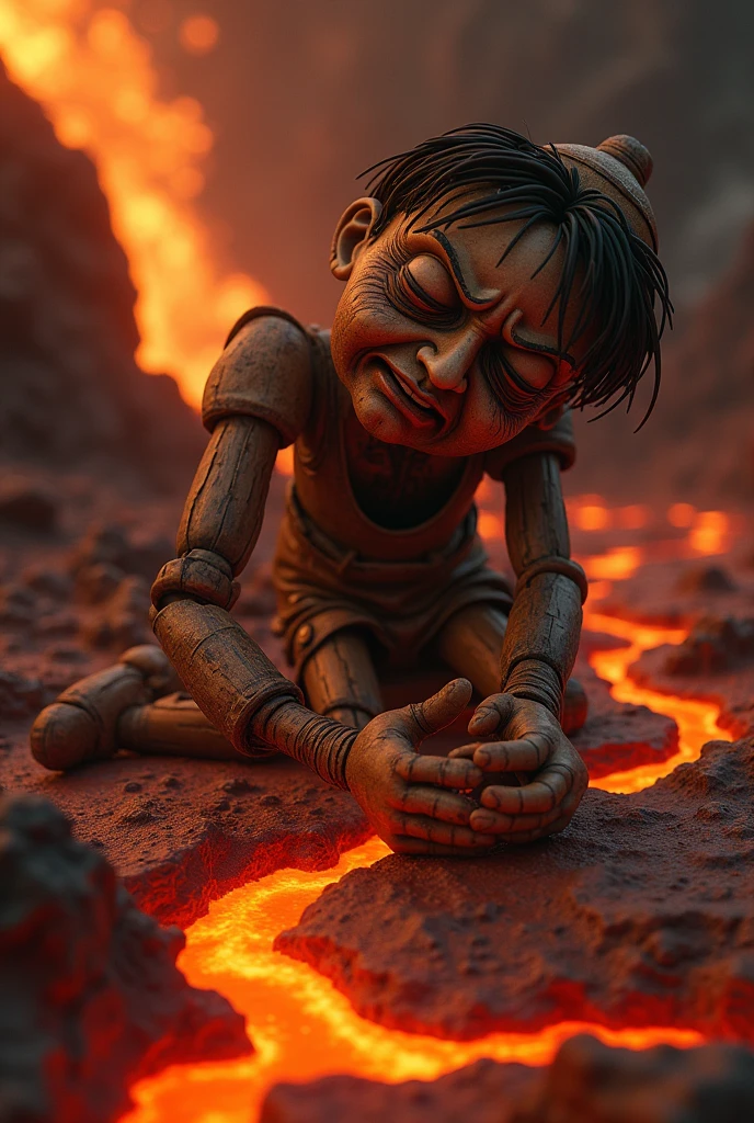 Pinocchio crying collapsing into melting volcanic lava
