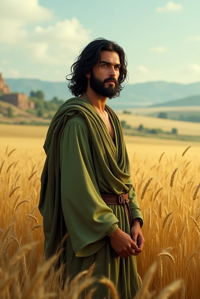 Generate a realistic image of Boaz, young adult with beard, comes with a full tunic in green and brown, medium long black hair, green eyes. based on the story of Ruth according to the Bible. Which was observing a wheat field