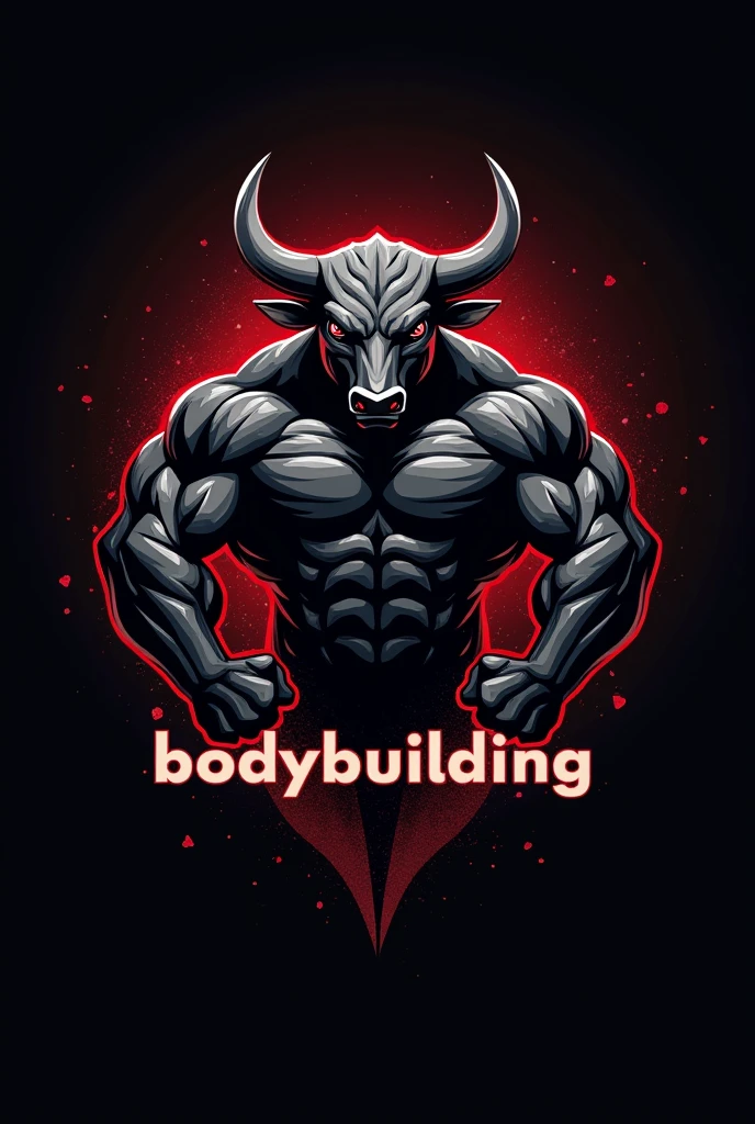 Design a powerful and dynamic logo for a bodybuilding brand featuring a strong, muscular bull as the central figure, symbolizing strength, power, and determination. The bull should have well-defined muscles, with a stance that conveys energy and dominance, embodying the essence of bodybuilding. Use sharp, angular lines to emphasize the bull's muscular build and add a sense of intensity. Incorporate bold, dark tones like black, deep red, or metallic gray to create a fierce and commanding presence. The logo should include the word 'BODYBUILDING' in a bold, modern font that complements the aggressive and energetic vibe of the design.