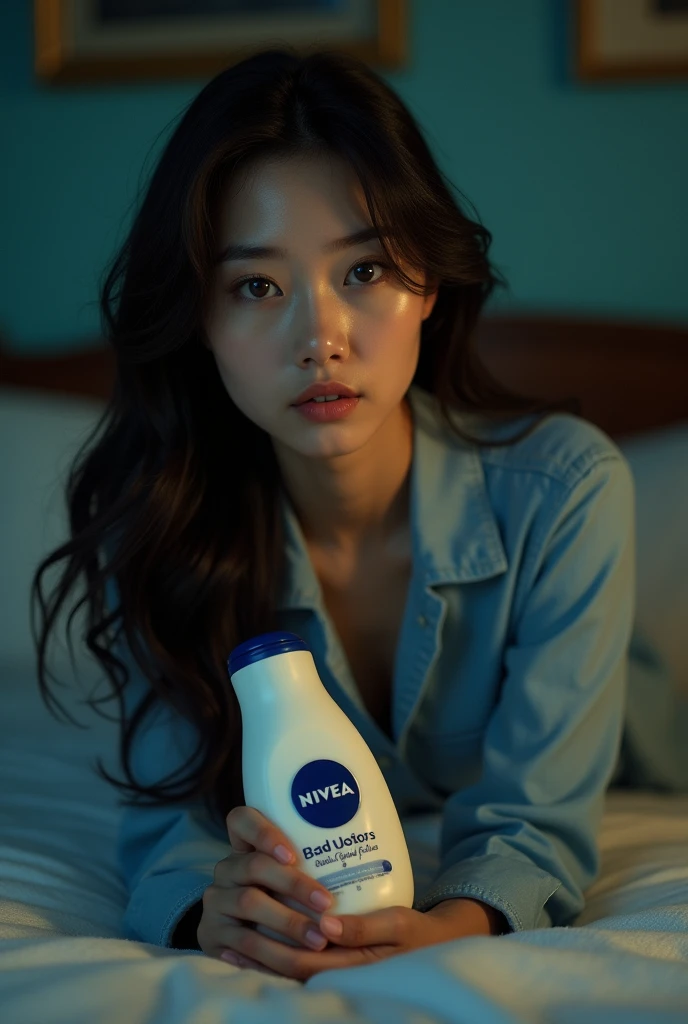 Best quality,masutepie,超High resolution,(Real photo:1.4),Raw photo,(Real skin texture:1.3),(Film grain:1.3),panorama,Character portrait,Photo very wide,Narrow waist,Cowboy scene, (In low light, cold light,) Night,(()),,,Dust,Tindall effect,(expression),1girl in,Eyes and face beautiful details,Dark eyes,((Long sleeved shirt:1.3)) ((In the bedroom:1.4)) ((Brown hair:1.2)) ((Lying down:1.3)) ((Long hair))　(( Half Vietnamese and half Chinese:1.3))　((holding bottle of nivia body lotion with number 8: body lotion review:1.4))
