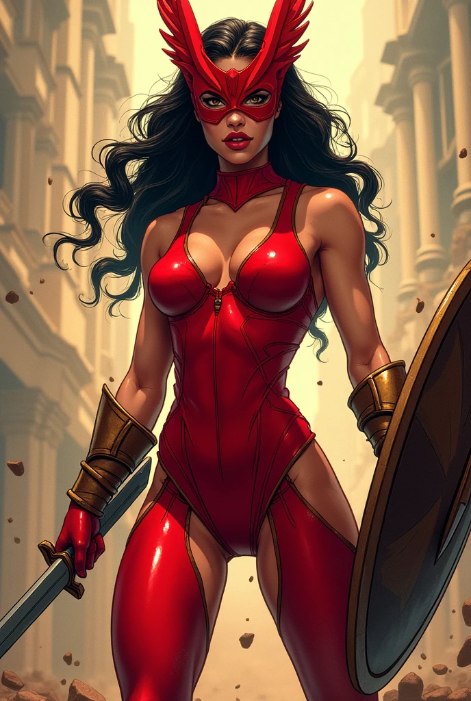 Create an image ,of a very attractive lady, with her flirtatious face, with a tight red suit with a mask, very similar to an Amazon from Greek mythology, giving a war cry with a shield and a sword in his hands,in comic form