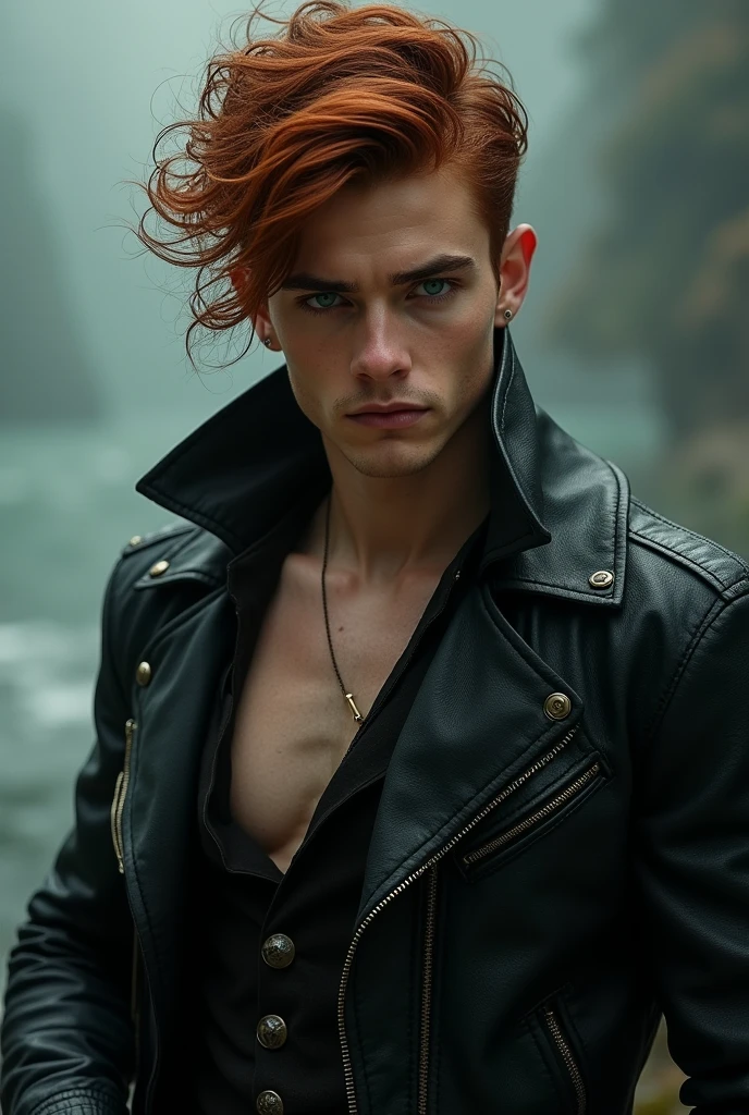 Make a young Germanic man with dark red hair and black hair, His name is Yuu Leir and he is ., He has 1,82 tall, He's a tall man, half tan, with long hair that reaches down to the ribs, His face is a little effeminate but his body is thin but strong., he is smiling slightly calmly in a cloudy field without rain, photo realistic image.