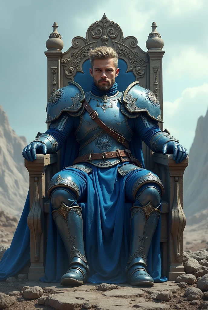 I would like to create a young warrior with blue and gray armor on a throne at the end of the world