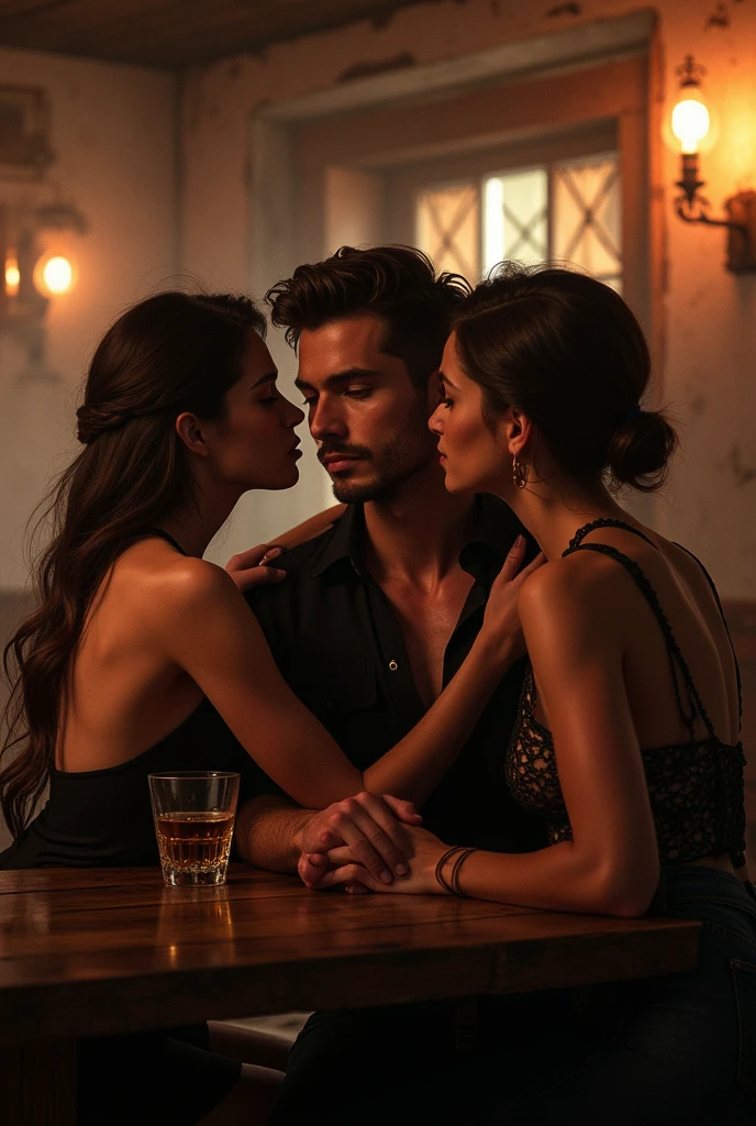 A handsome sexy young man sitting in a cowboy bar with 2 gay friends, one talks in his ear and the other touches his ass