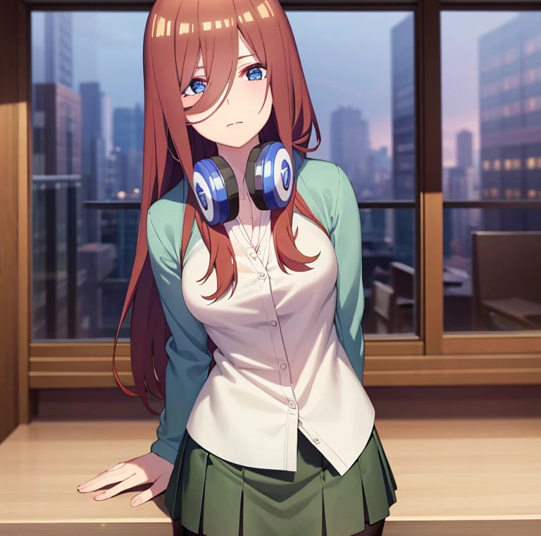 mikunakano, miku nakano, long hair, bangs, blue eyes, brown hair, shirt, hair between eyes, headphones, cardigan, headphones around neck, BREAK skirt, shirt, long sleeves, white shirt, pantyhose, pleated skirt, black pantyhose, cardigan, green skirt, blue cardigan, BREAK indoors, classroom, BREAK looking at viewer, BREAK (masterpiece:1.2), best quality, high resolution, unity 8k wallpaper, (illustration:0.8), (beautiful detailed eyes:1.6), extremely detailed face, perfect lighting, extremely detailed CG, (perfect hands, perfect anatomy),