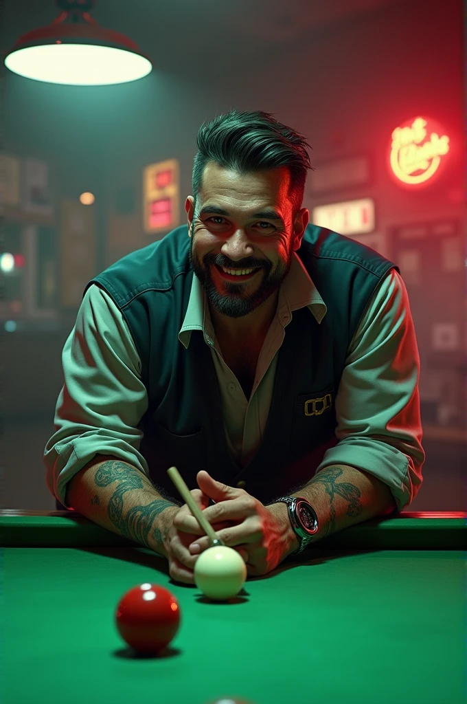 GTA character playing snooker and smiling