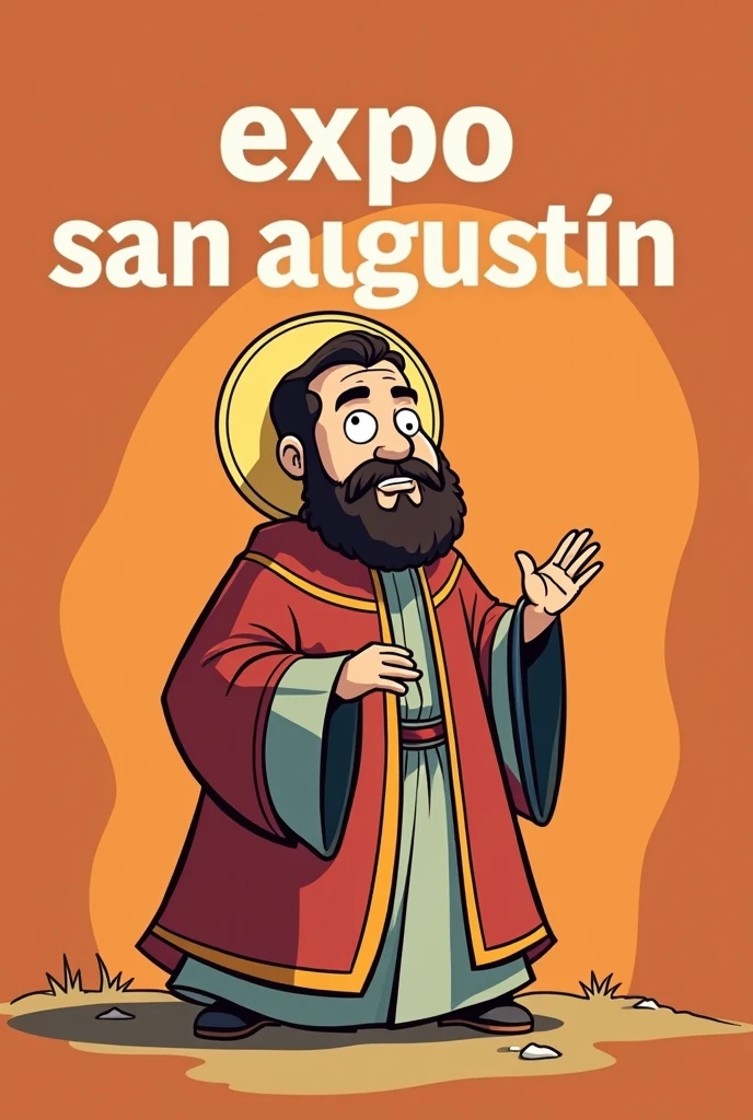 Cartoon image of Saint Augustine alone, with a plain colorful background and the words Expo San Agustín