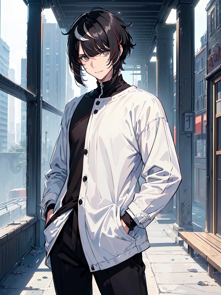 ((highest quallity, work of art, 4K, finely detailled, detailedeyes, face detailed, gelbooru, pixiv)), warm lighting, ((standing alone)), 1 men, bonitas, masculine, adult man, broadshouldered, close do rosto, ((black hair with white streak in the bangs), portraite, seducing smile. looking ahead at viewer, ((lazy eyes, half covered, white eyes with white pupils)), wearing modern clothes, a black t-shirt with a moon design, black zaquets, standing, hands in pockets, ((black hair with white streak in the bangs, shorth hair, shaggy hairstyle, Messy hair)), city background