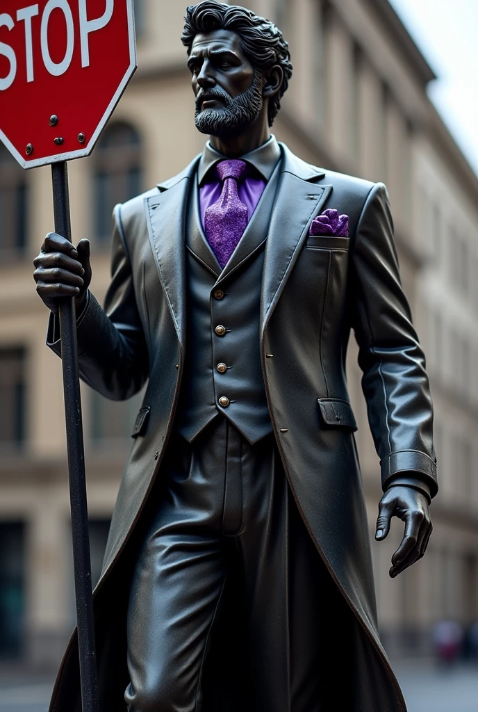 Greek statue dressed in a black suit with purple details holding a traffic sign that says STOP