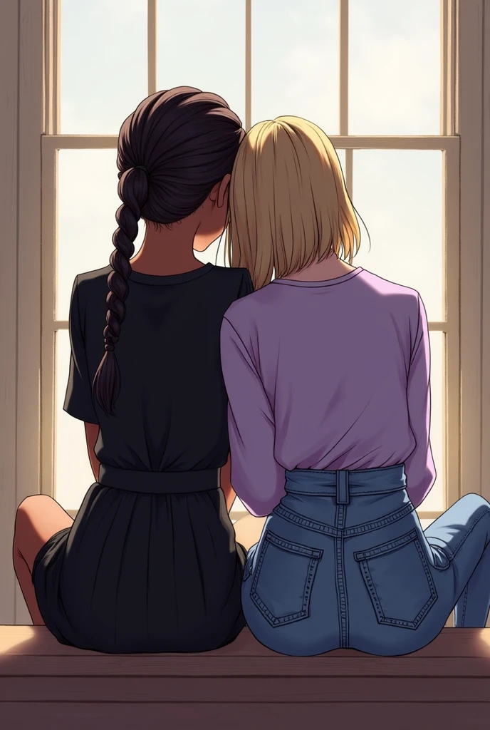 Two girls,sitting side by side with their backs turned looking forward together,one has her head lying on the other&#39;s shoulder, one of the girls has braided hair and wears a black blouse with a short black flared skirt and is black,while the other is white and is wearing a lilac blouse with wide jeans