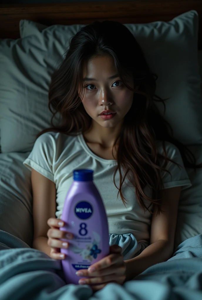 Best quality,masutepie,超High resolution,(Real photo:1.4),Raw photo,(Real skin texture:1.3),(Film grain:1.3),panorama,Character portrait,Photo very wide,Narrow waist,Cowboy scene, (In the dark, dark, low light, cold light,) Night,(()),Teardrops,,Dust,Tindall effect,(expressive), 1girl in,Nice detailed eyes and face,White Jabot,Black eyes,((tight-fitting T-shirt:1.3)) ((In bedroom:1.4)) ((Brown hair:1.2)) ((Lying down :1.3)) ((Long hair))　((Half Vietnamese and half Chinese:1.3))　( (holding a bottle of purple Nivia body lotion with the number 8:1.4))
