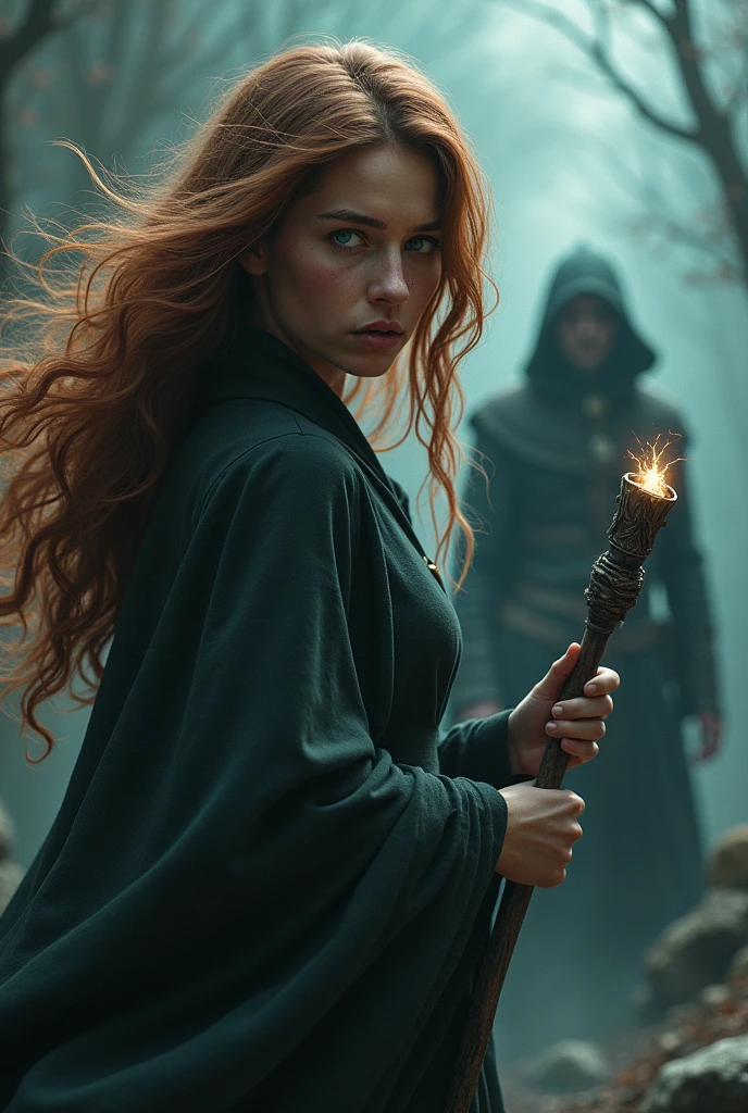 A woman with wavy brown hair and blue eyes pointing her wand at a man with his back turned, her gaze showing suffering. Don't focus on the man's face