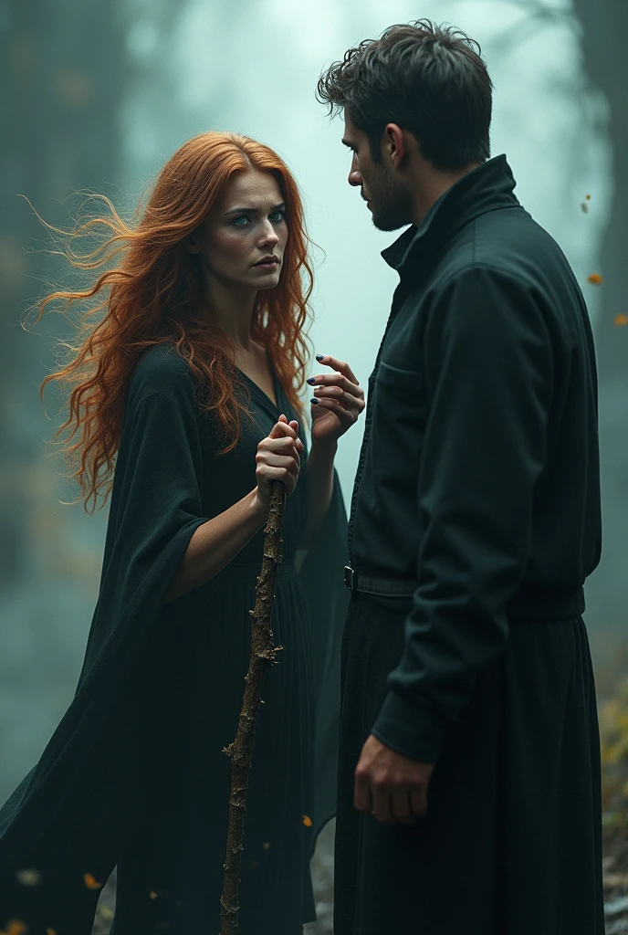 A woman with wavy brown hair and blue eyes pointing her wand at a man with his back turned, her gaze showing suffering. Don't focus on the man's face