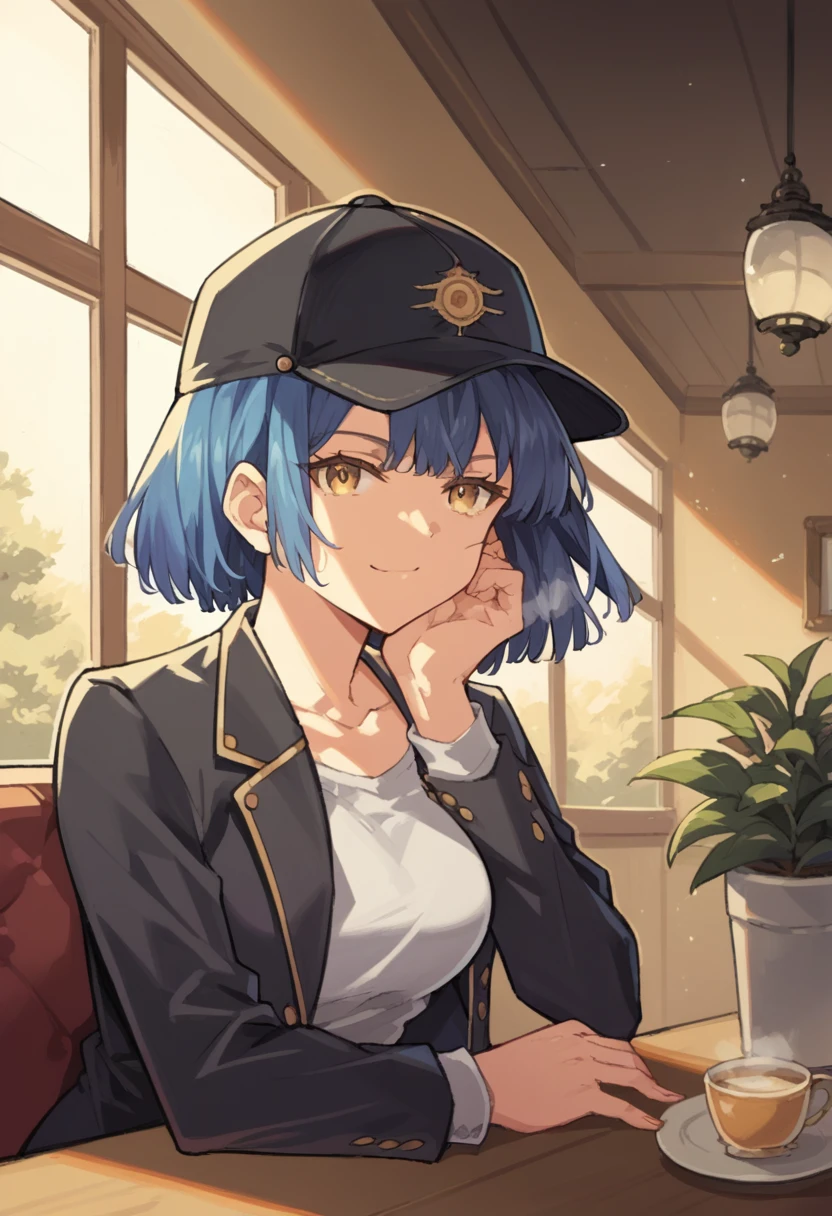 masterpiece, best quality, absurdres, score_9, score_8_up, score_7_up, source_anime, 1girl, yellow eyes, room, wariza, medium hair, pixie bob haircut, navy blue hair, Frowning face, serious face, portrait, blazer, starshadowmagician, solo, Adult woman, best perfect anatomy, Pose with hands tucked behind ears, Cheek resting on hand, cafe, indoors, window, crowd, sitting, steam, looking at viewer, black baseball cap, Black Front-Open leather Jacket with white tank top, black trousers, upper body, smile, Shooting up close, Shooting from the side, hanging light, ceiling light, potted plant,