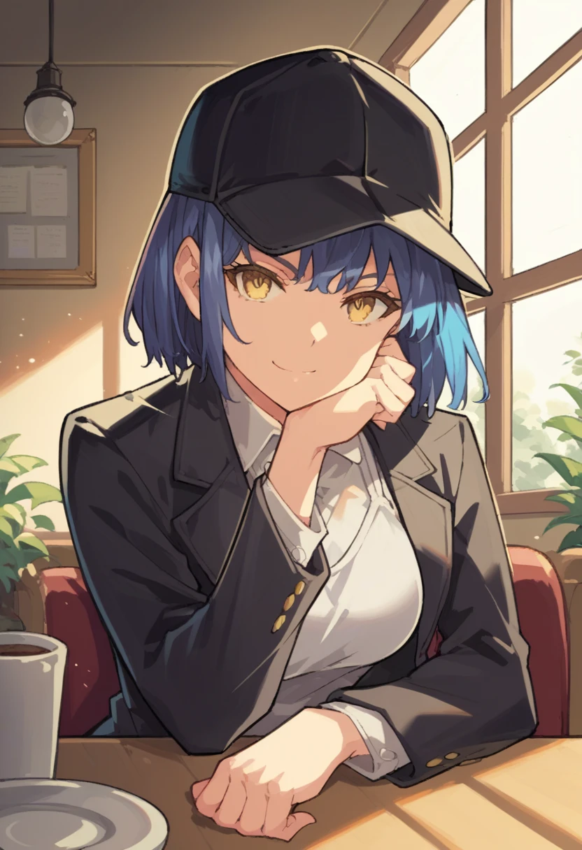 masterpiece, best quality, absurdres, score_9, score_8_up, score_7_up, source_anime, 1girl, yellow eyes, room, wariza, medium hair, pixie bob haircut, navy blue hair, Frowning face, serious face, portrait, blazer, starshadowmagician, solo, Adult woman, best perfect anatomy, Pose with hands tucked behind ears, Cheek resting on hand, cafe, indoors, window, crowd, sitting, steam, looking at viewer, black baseball cap, Black Front-Open leather Jacket with white tank top, black trousers, upper body, smile, Shooting up close, Shooting from the side, hanging light, ceiling light, potted plant,