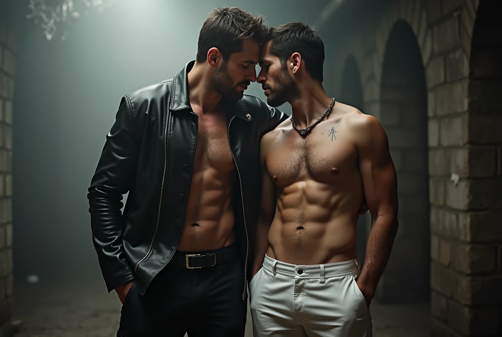 Two men! A mature man in leather and a naval soldier. Wearing a white sailor suit!,, gay art, Finnish style Tom, Finnish Tom, bearded sexy sailor suit triangle thongs, more details, background scattering 1.8 HD 8k real photos! Sex. Chest muscles! Chest hair! ((Monochrome)), ((grayscale)),tattoo. white hair Smoke, movie feeling! Movie lights! Award-winning poster