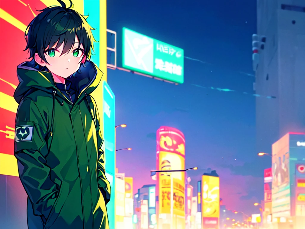 [(CITYPOP BACKGROUND:1.5),::5], (((masterpiece))), high quality, ultra_very_high_resolution, large_filesize, upper body, (green base), full color, ((solo)), (()), ((black short hair)), green eyes, anime, neon light, black parka,