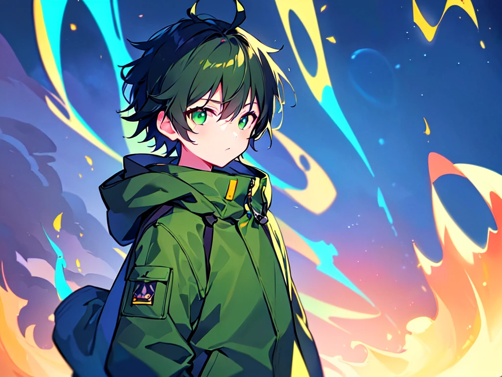 [(CITYPOP BACKGROUND:1.5),::5], (((masterpiece))), high quality, ultra_very_high_resolution, large_filesize, upper body, (green base), full color, ((solo)), ((little boy)), ((black short hair)), green eyes, anime, neon light, black parka,