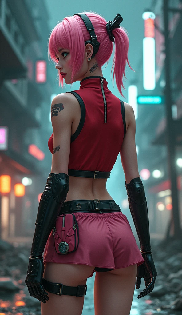 (rear view, backside view),Ultra HD 8K digital painting, kunoichi, pink hair, emerald green eyes, red sleeveless top, high collar, zipper, white circular design on back, short pink skirt, black compression shorts, black gloves, black shinobi sandals, tied headband, short haircut, dark pink medical pouch on thigh, dynamic pose, dramatic lighting, tension, intense, ready for battle, highly detailed scene, cinematic.high quality, (RAW photo, best quality), (realistic, photorealistic: 1.4), (extremely delicate and beautiful: 1.4), amazing, fine details, masterpiece, ultra detailed, high resolution, best illustration, best shadow, intricate, ( extremely intricate: 1.2), (exquisitely detailed skin), cinematic light, perfect anatomy, (cool color: 1.4), sharp focus, 8k UHD, DSLR, (Fujifilm XT3),(iluminación cinematográfica :1.4), Mechanical vertebrae attached to the back, mechanical cervical attachment to the neck, alambres y cables que se conectan a la cabeza, Evangelion, small bright LED lamps, (Fondo ciudad destroyed apocalypse Tokio cyberpunk :1.4), (tiene un hermoso culo :1.4), (noche cyberpunk :1.4) 