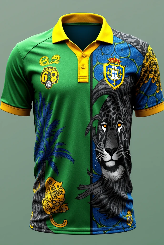 Football shirt in green colors,blue and yellow Details:Tupi Guarani indigenous paintings all over the blouse in gray Graphic jaguar in black and gold Number 62 on the upper right side and a golden tree on the upper left side