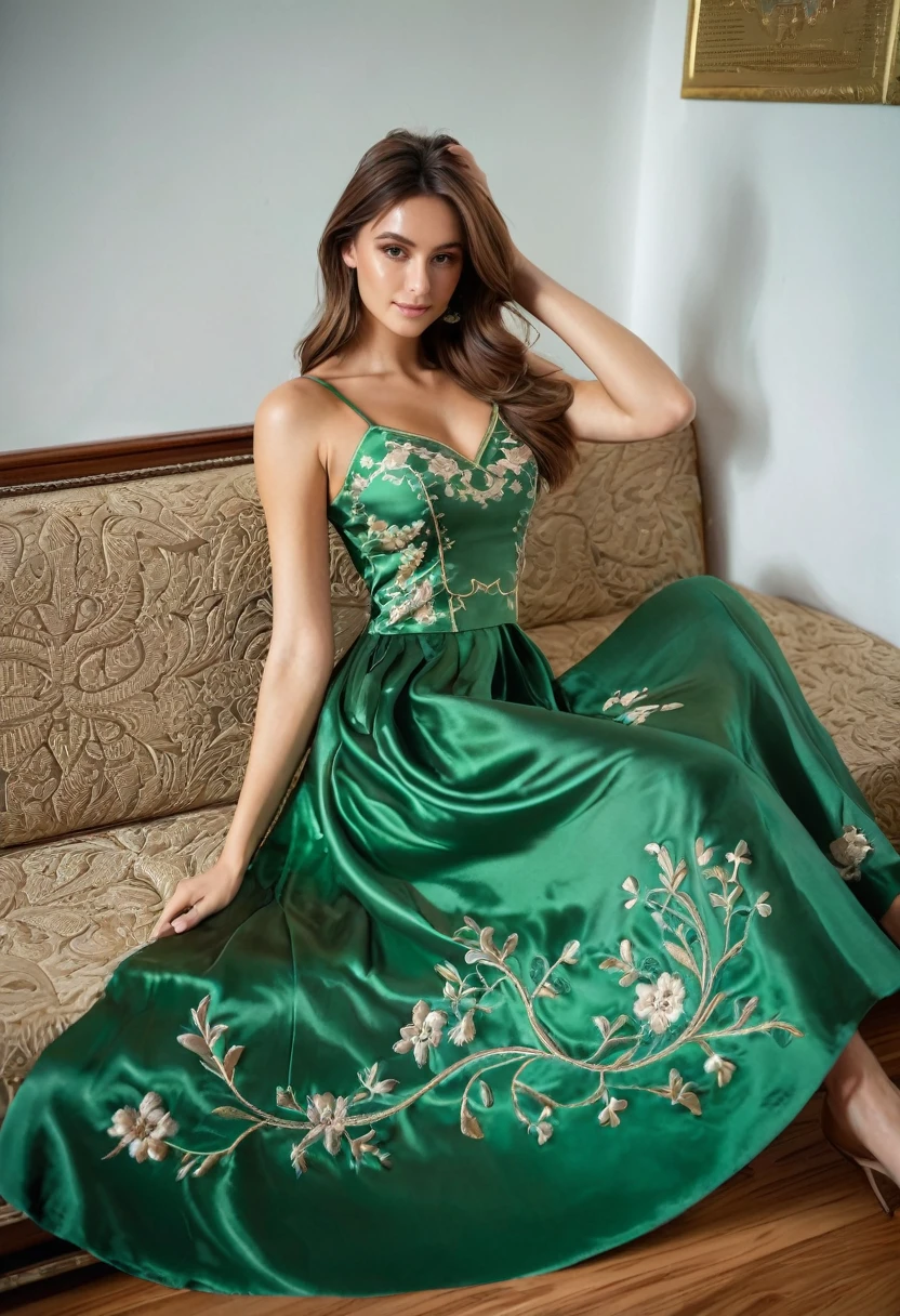  young brunette woman, brown eyes. long brown hair. Short A-line dress with straps in shiny green satin, Beautiful embroidery in the dress fabric, Tights, 项链, transparent lip gloss, narrow building, Pretty, 2, Full body photo, long legs, Satin top, Lying on the couch in the living room. Playing with the dress, Presenting legs, is enthusiastic, Beautiful shoes