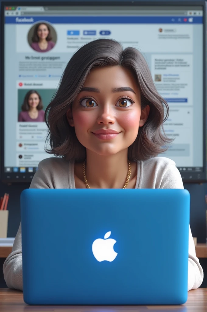 create a 3D illustration featuring a realistic girl of age 53 casually sitting on a blue apple mac book infront of social media logo, specially "Facebook". the character should look like he is a graphic designer and freelancer. The background of image should showcase a social media profile page real data with design tools and the username "AgaPm" and matching profile picture. he have 14k