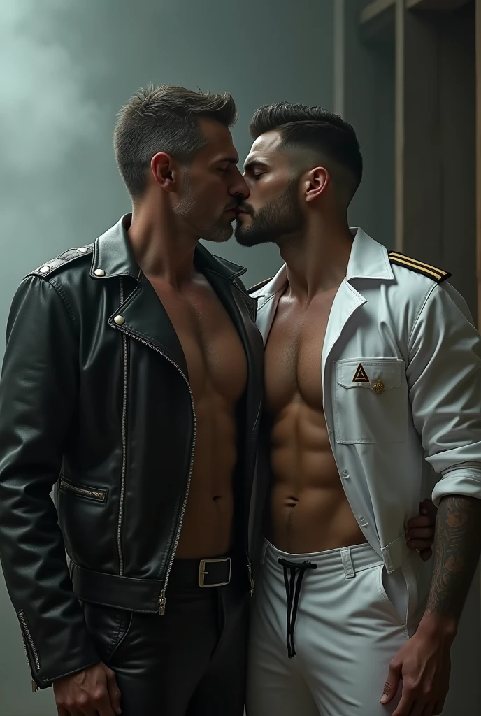 Two men! A mature man in leather and a naval soldier. Wearing a white sailor suit!,, gay art, Finnish style Tom, Finnish Tom, bearded sexy sailor suit triangle thongs, more details, background scattering 1.8 HD 8k real photos! Sex. Chest muscles! Chest hair! ((Monochrome)), ((grayscale)),tattoo. white hair Smoke, movie feeling! Movie lights! Award-winning poster