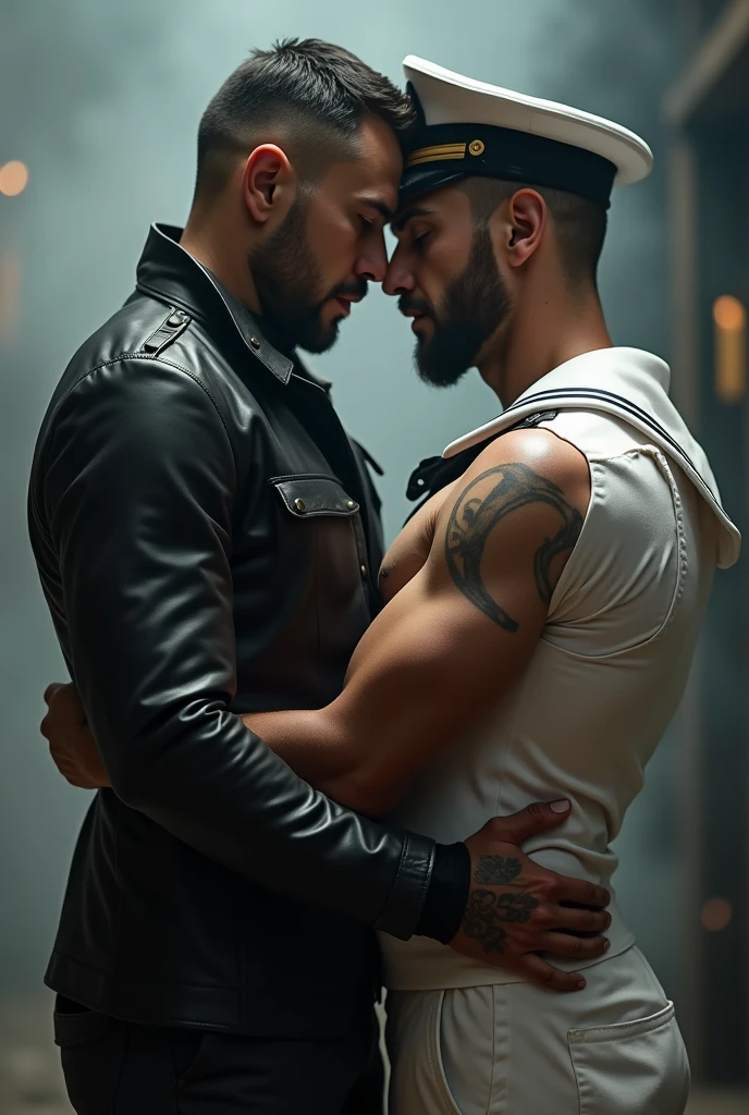 Two men! A mature man in leather and a naval soldier. Wearing a white sailor suit!,, gay art, Finnish style Tom, Finnish Tom, bearded sexy sailor suit triangle thongs, more details, background scattering 1.8 HD 8k real photos! Sex. Chest muscles! Chest hair! ((Monochrome)), ((grayscale)),tattoo. white hair Smoke, movie feeling! Movie lights! Award-winning poster