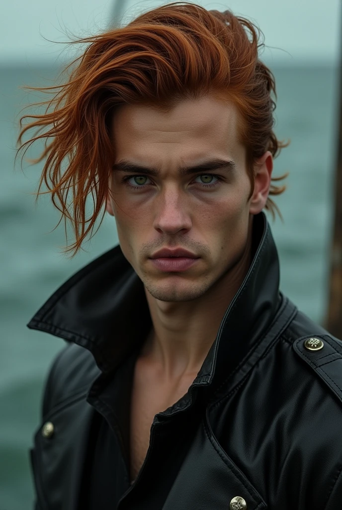 Vance Shadowbane is a seductive young man with striking looks.. He possesses an imposing presence, with a height that surpasses most men and an athletic physique, carved by years of life at sea. Your face is slender, with angular features that highlight its intense expression. Her hair is reddish brown, falling disorderly over their shoulders, and your eyes are an intense green, that seem to penetrate the soul of anyone who dares to cross their path. Vance wears dark leather clothing, worn out by time, but still maintain a touch of elegance.
