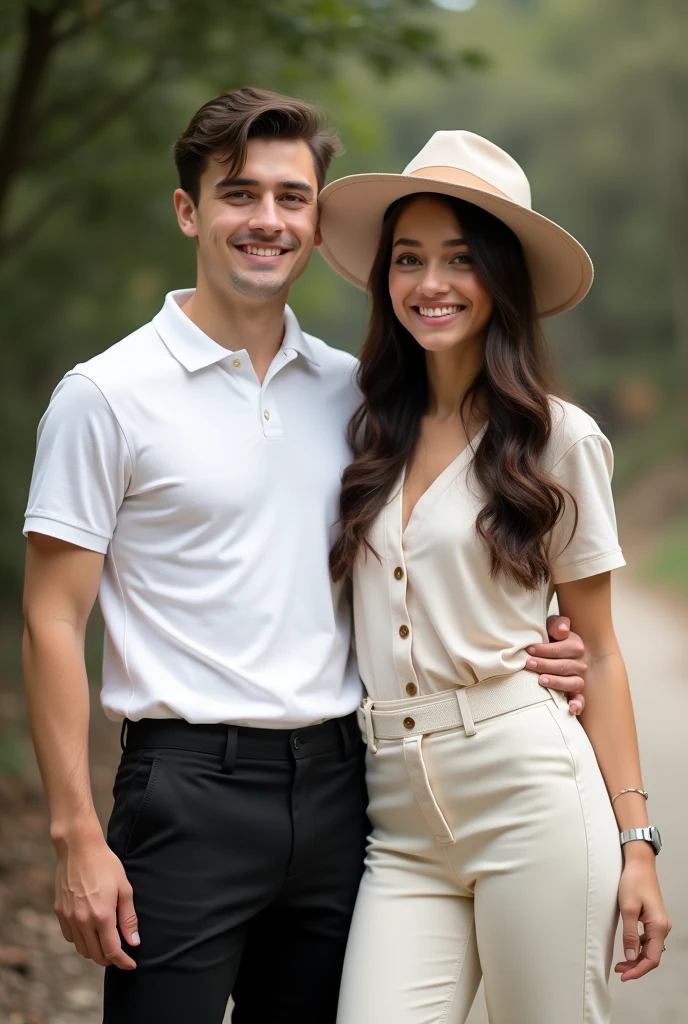 20 years old a handsome guy wore white polo shirt and deep black hammer pants and his girlfriend wore plain Co-ord Set and a cute hat front photo