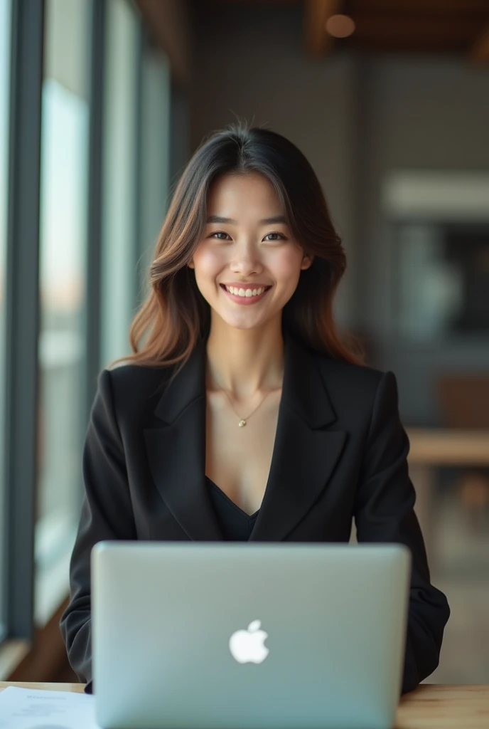 Create an image of an 18-year-old Asian businesswoman standing and working on a MacBook. She is smiling with a cute and charming face. The image is full-body, with a slightly revealing outfit, showcasing a youthful and modern appearance.