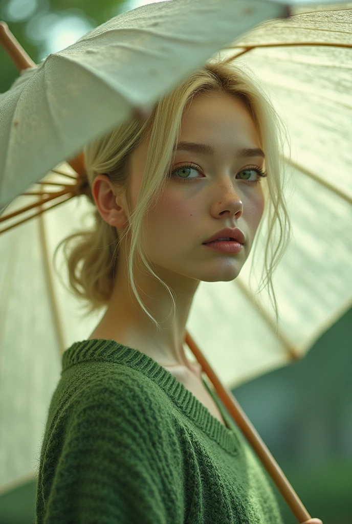 Woman with small eyes, Oval face, light hair in umbrella wearing a green sweater