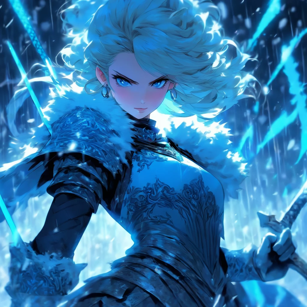 Female knight, young girl, cute, blonde, curly hair, big ponytail, pale skin, slanted eyes, blue eyes, long eyelashes, serious expression, sweat, slim, delicate, long legs, thick legs, small breasts, short, tight black dress, long sleeves, black feathered collar, short blue cape, black feathered cape, brown belt, tight blue gloves, light blue tights, long black platform boots, necklace with light blue jewel, light blue ice long sword, long sword with a blade made of ice, double-edged long sword, fighting with a sword, dynamic movement, in battle, sweating, white breath, snowy field, blizzard, dark night, high resolution