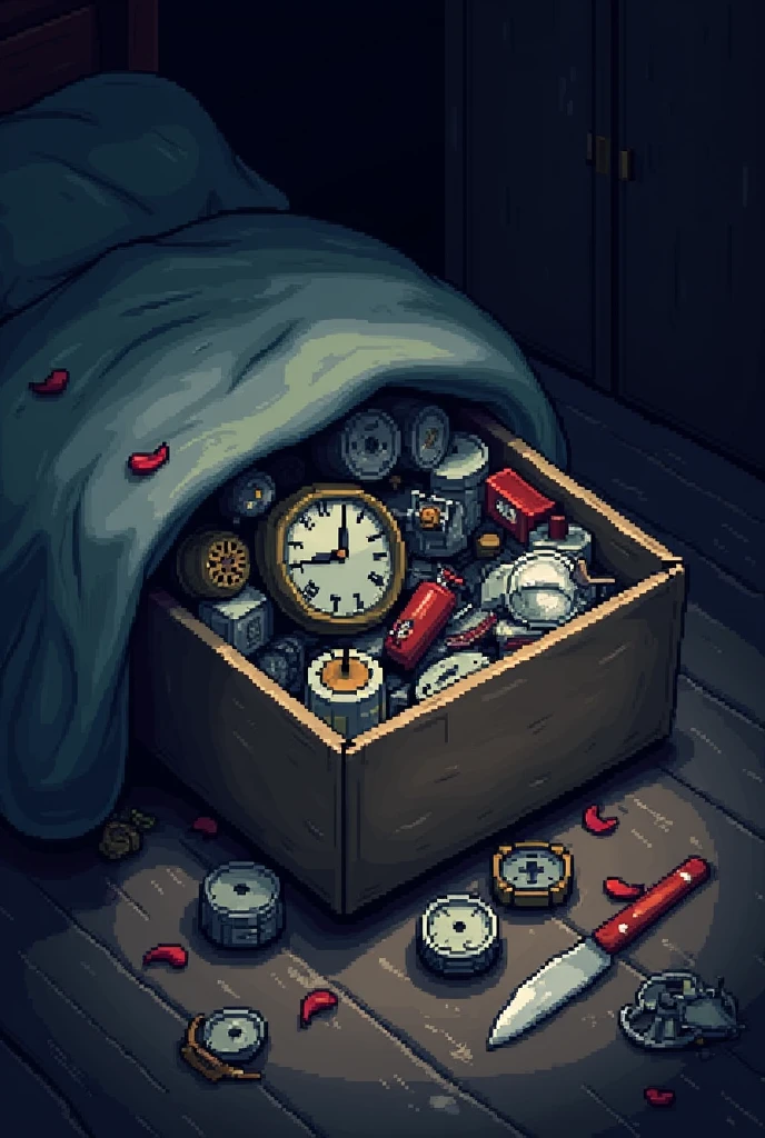 Spawns a box under a dark bed, in that box there is, old clocks, video tapes, threads, among other extra things but what stands out most of those things is a kitchen knife, All this with a video game-like pixelated style similar to the visual style of Undertale.
