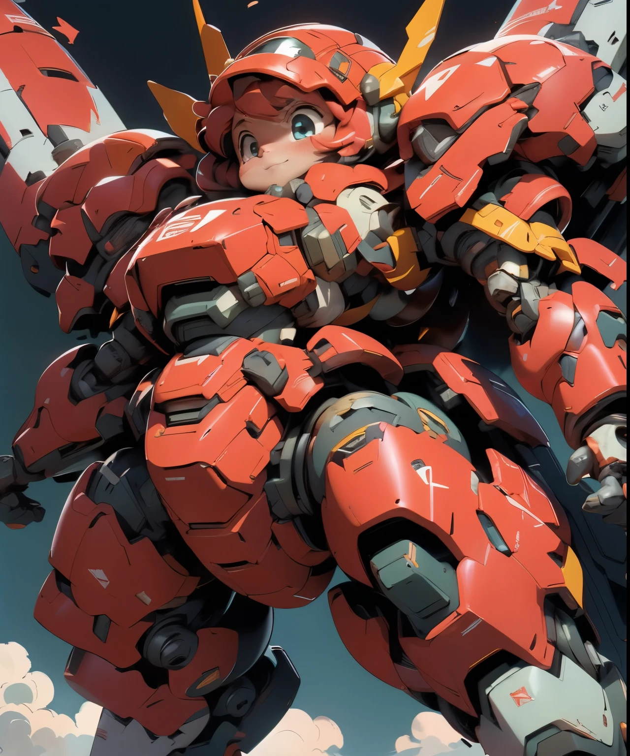 (((1 chibi girl in large red-colored robot costume, from below))), (holding weapons), (((helmet:1.5))), (((looking down:1.4))), ssmile, (chibi), (bulky:1.5), large cute face, mechanical parts, ((mechanical wings)), (full armor:1.8), (mecha armor:1.8), (shoulder guards:1.2),(huger arms), ((mechanical arms:1.5)), (short legs), (huger body:1.8), (heavy equipment:1.6), (from below), (headgear), blue sky, white clouds, robot joints, becoming a mecha, mecha, (RARS), (HRS), ROBOTANIMESTYLE, BJ_Cute_Mech,cute, girl BREAK ((masterpiece)), vibrant colors, 8k, best quality, ultra detailed illustration, ((best quality)), ((high resolution)), flawless skin textures, shiny oiled skin, extremely detailed anime eyes , extreme light and shadow,
