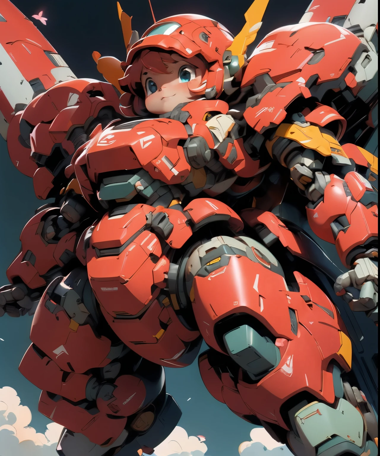 (((1 chibi girl in large red-colored robot costume, from below))), (holding weapons), (((helmet:1.5))), (((looking down:1.4))), ssmile, (chibi), (bulky:1.5), large cute face, mechanical parts, ((mechanical wings)), (full armor:1.8), (mecha armor:1.8), (shoulder guards:1.2),(huger arms), ((mechanical arms:1.5)), (short legs), (huger body:1.8), (heavy equipment:1.6), (from below), (headgear), blue sky, white clouds, robot joints, becoming a mecha, mecha, (RARS), (HRS), ROBOTANIMESTYLE, BJ_Cute_Mech,cute, girl BREAK ((masterpiece)), vibrant colors, 8k, best quality, ultra detailed illustration, ((best quality)), ((high resolution)), flawless skin textures, shiny oiled skin, extremely detailed anime eyes , extreme light and shadow,