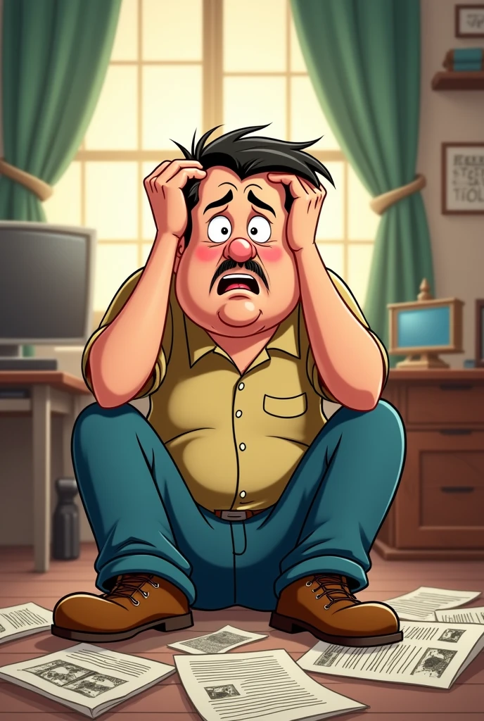 Disney style cartoon drawing of a man sitting with his head down and his hands on his head, desperate with the newspapers to pay