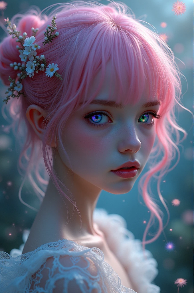 With pink hair and rainbow eyes,beautiful as a fairy,A melancholy expression that stirs affection,side face,floating hair,light particles,glare,vivid,fancy,dreamlike,a dim atomshpere,