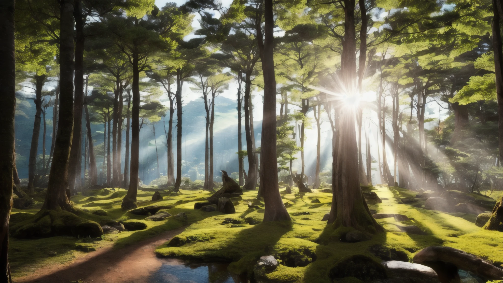 8k、super high quality、masterpiece、Ultra-realistic、Hundreds of years、Or a forest lined with giant trees that are thousands of years old.。The sunlight barely reaches。Like an ancient mystery、A tranquil and mysterious atmosphere。