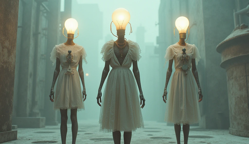 Top quality, masterpiece, cement building background, complex machine room interior background, pastel colors, three creatures with light bulbs as heads, complex mechanical bodies, science fiction, detailed science, life science, pastel colors, wearing complex and delicate clothes, detailed image texture, bizarre, horror, creepy atmosphere (not AI image), cloudy weather, pastel colors, foggy, low saturation image