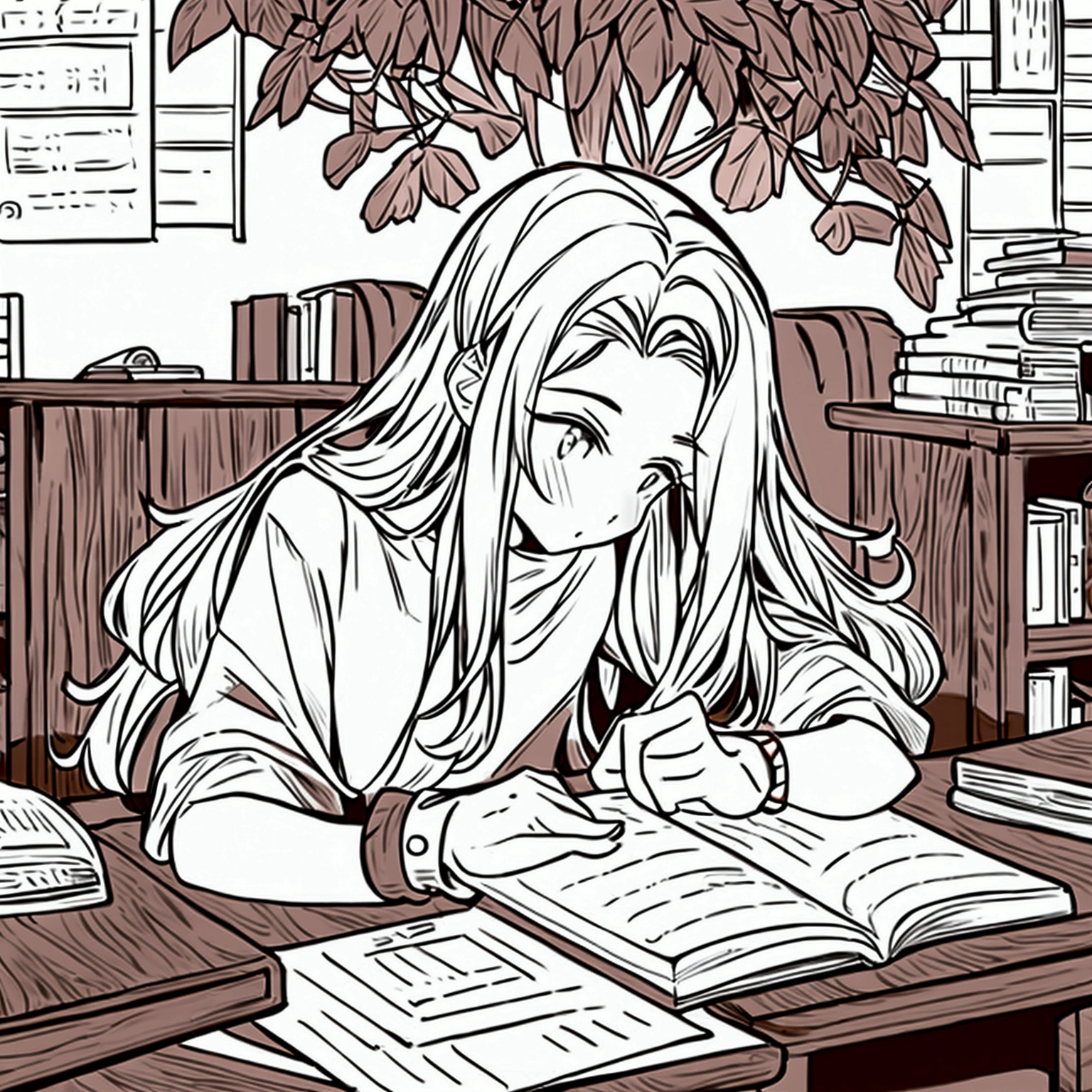 A college girl with medium-length wavy hair, studying at a desk while doing his university thesis listening to music 