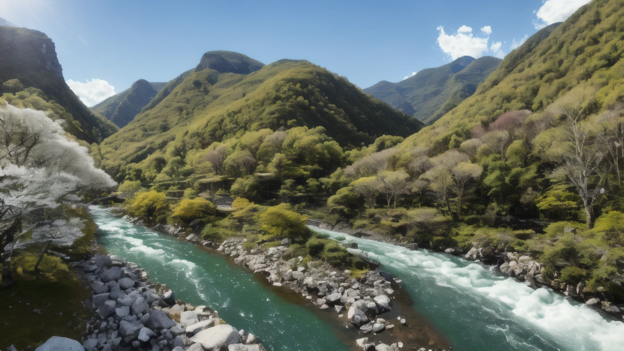 8k、super high quality、masterpiece、Ultra-realistic、Winter is over、The mountain where new greenery begins to sprout々。Bright green leaves on a tree々Cover、The warm sunlight shines down on the slopes。Birds chirping、As the river flows quietly、Mountain scenery that captures the season of overflowing life。